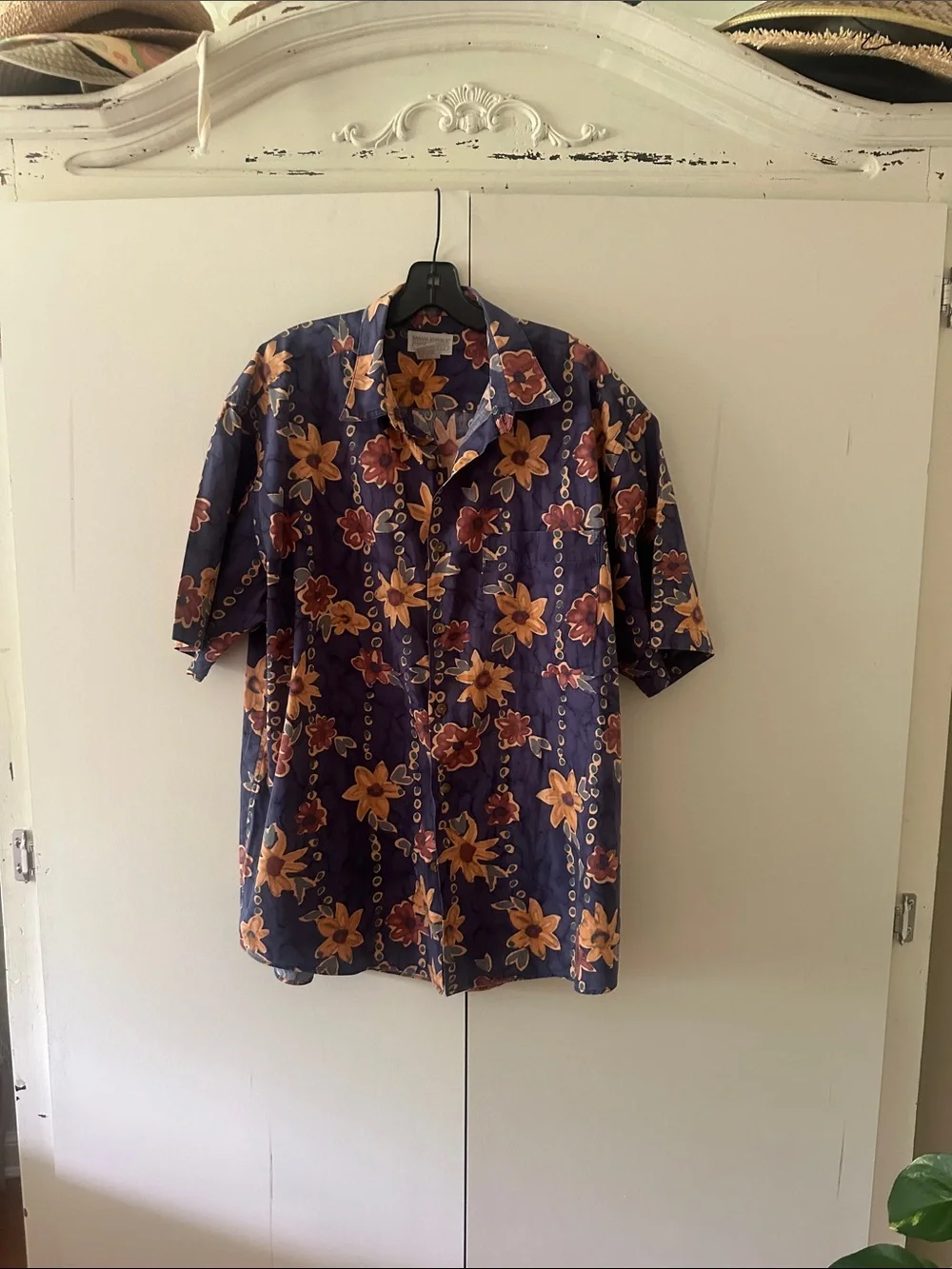 Men's Floral Short-Sleeve Camp Shirt - Navy with Mustard Floral